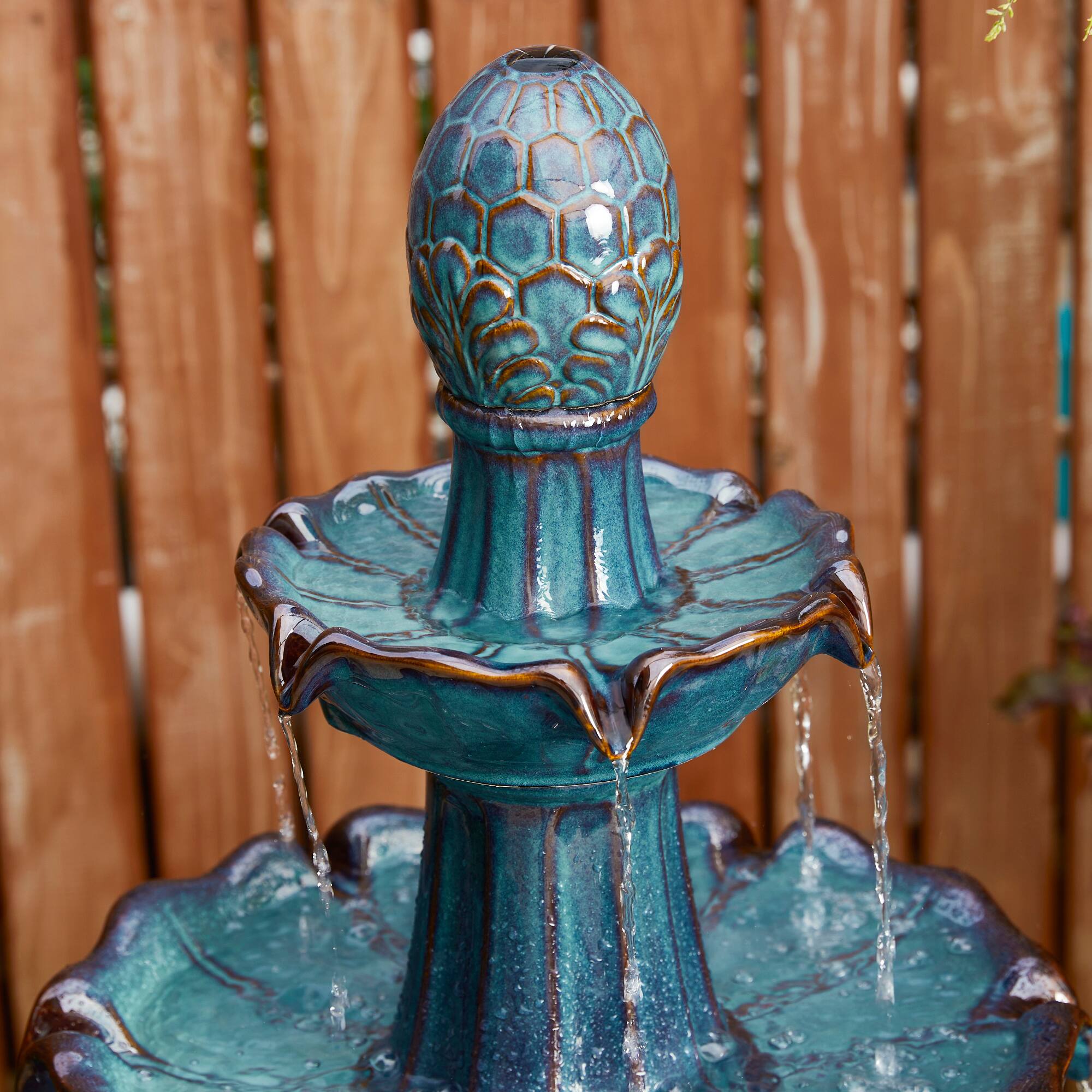 Glitzhome® 45" 3-Tier LED Turquoise Pedestal Lotus Ceramic Outdoor Floor Fountain